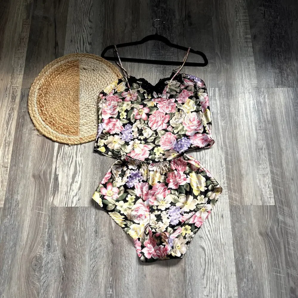 VICTORIA'S SECRET Gold Label Vtg Floral Print Satin Camisole & Short Pajama Set